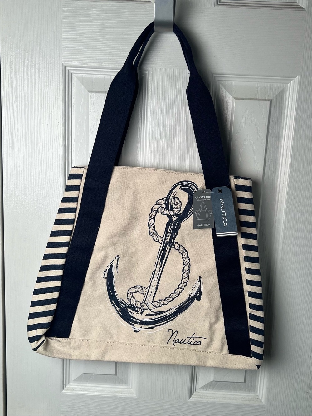 Expandable Nautica Cream Canvas Tote-Navy Anchor & Striped Sides. Chic-Classic
